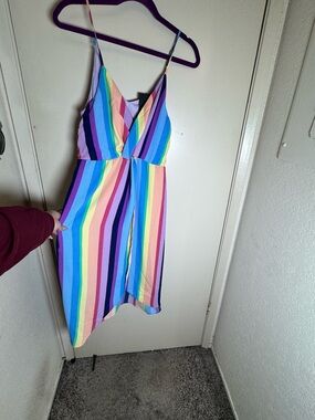 J.O.A Rainbow Stripe Asymmetrical Dress Size S (fits M) Summer V-Neck Flowy NWT